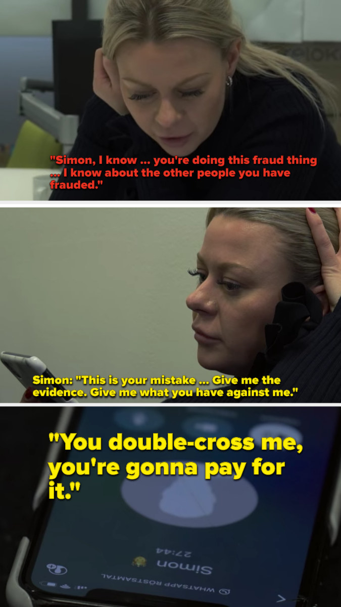 Simon threatens Pernilla when she confronts him about his lies