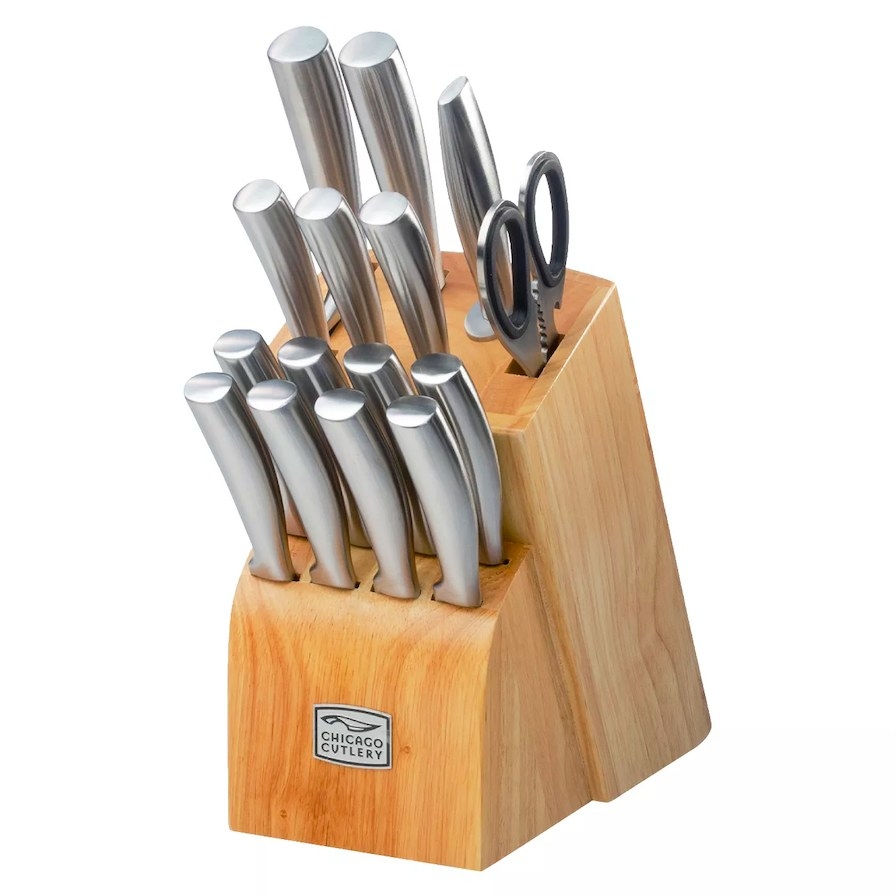 Wood knife block filled with knives