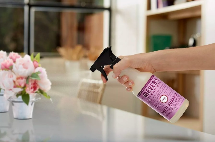 Model spraying surface cleaner on countertop