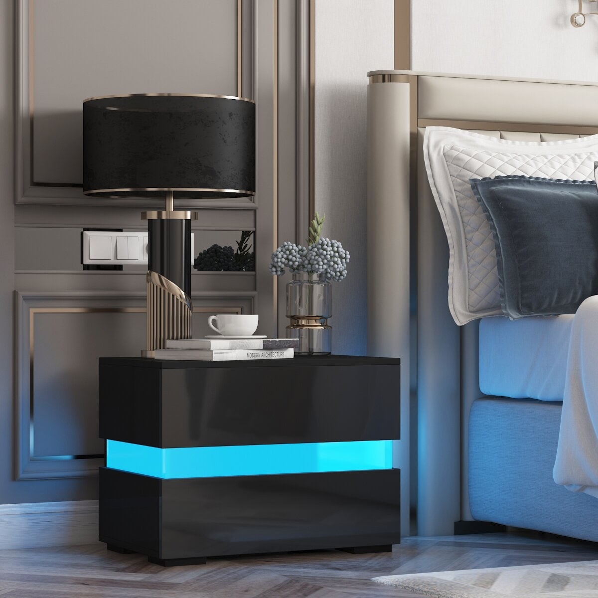 A modern-looking nightstand with an LED light that runs through the middle.