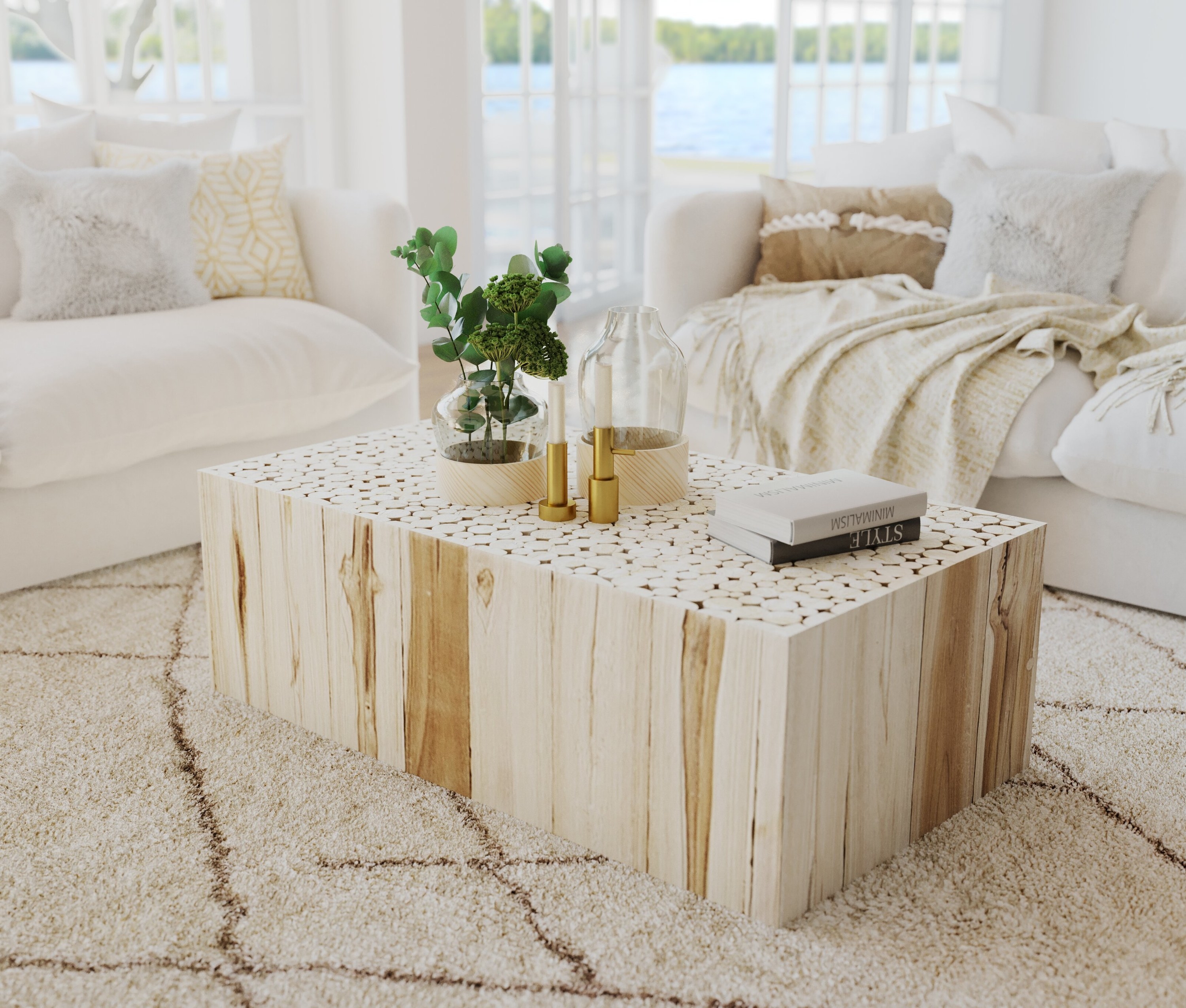 A wooden coffee table in different blonde shades, with a textured top.