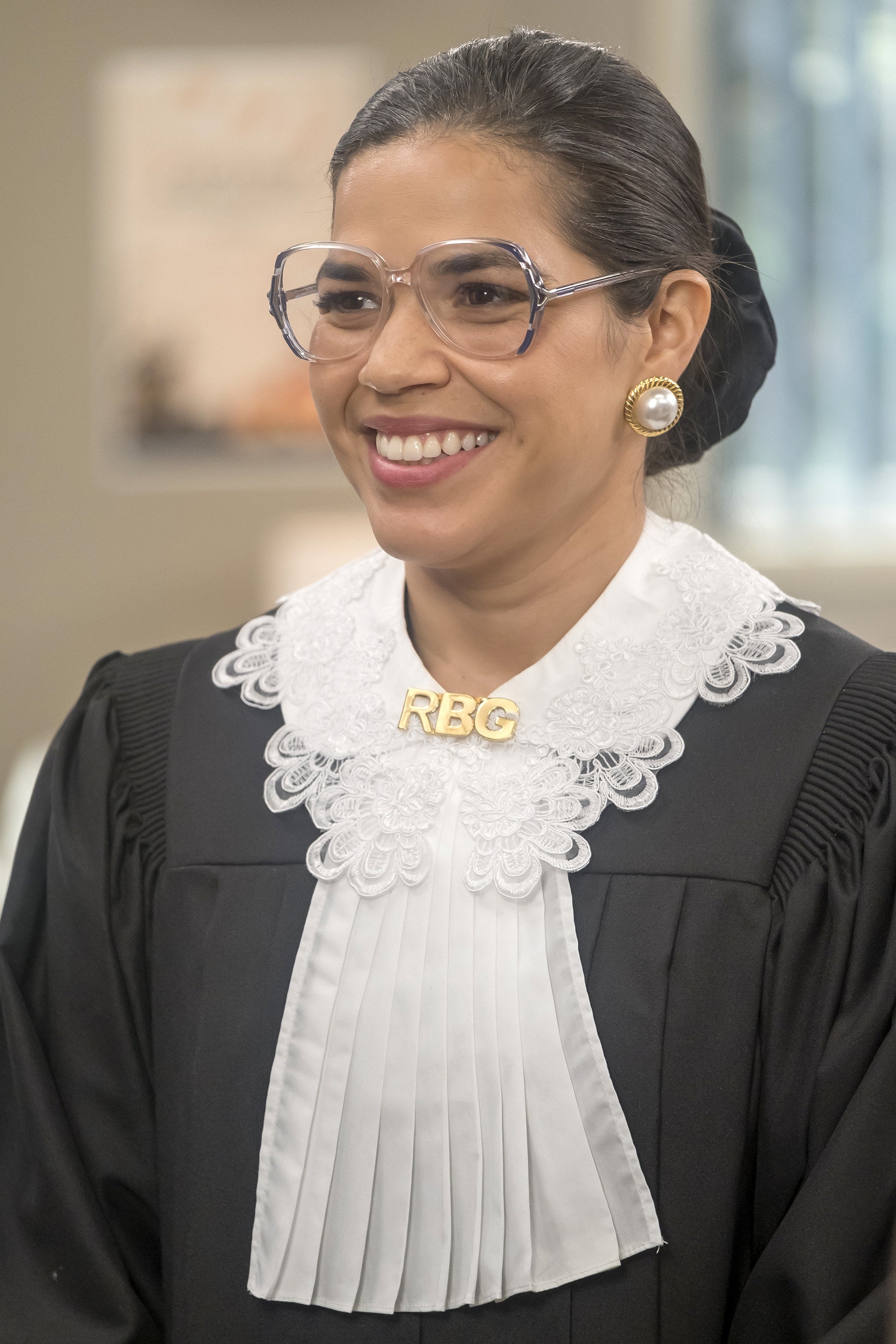 Amy dressed up in a judge costume