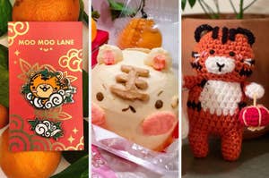 Zodiac tiger hard enamel pin, tiger shaped lunchbox cake, tiger amigurumi doll holding red paper lantern