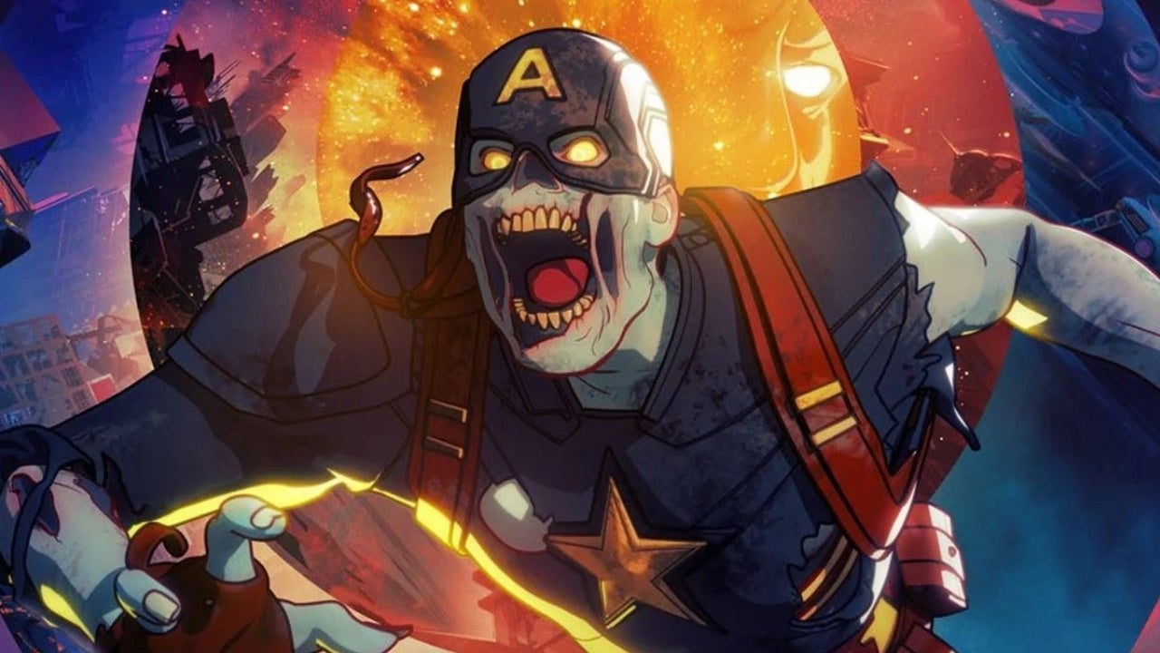 Zombie Captain America mid-run with his mouth hanging open, with the Watcher&#x27;s eye and nose visible behind him and glimpses of other worlds in the background