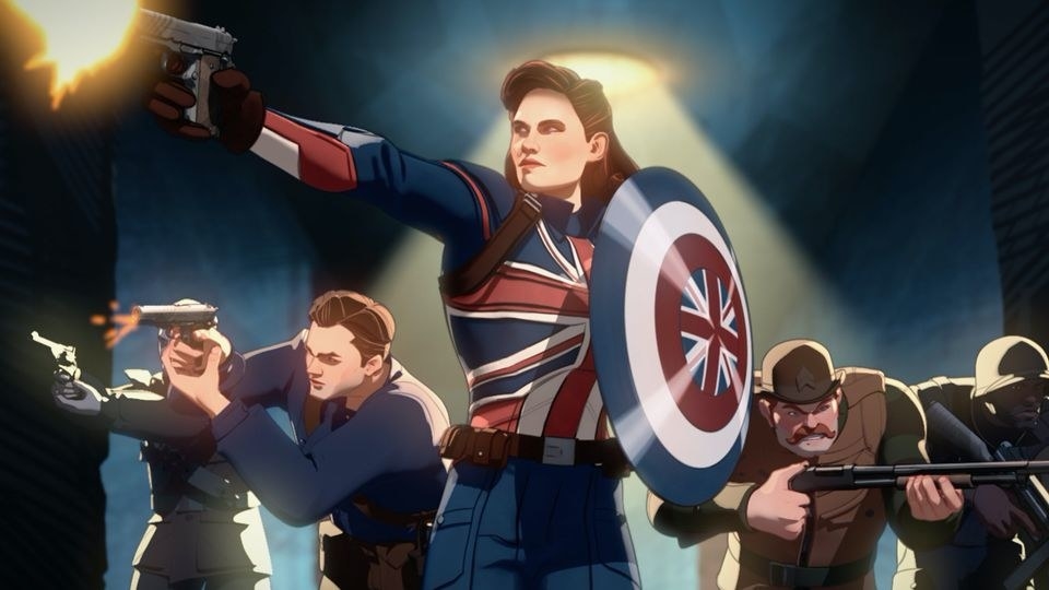 Captain Carter holding her shield, Bucky Barnes, and the Howling Commandos shooting at enemies off-screen