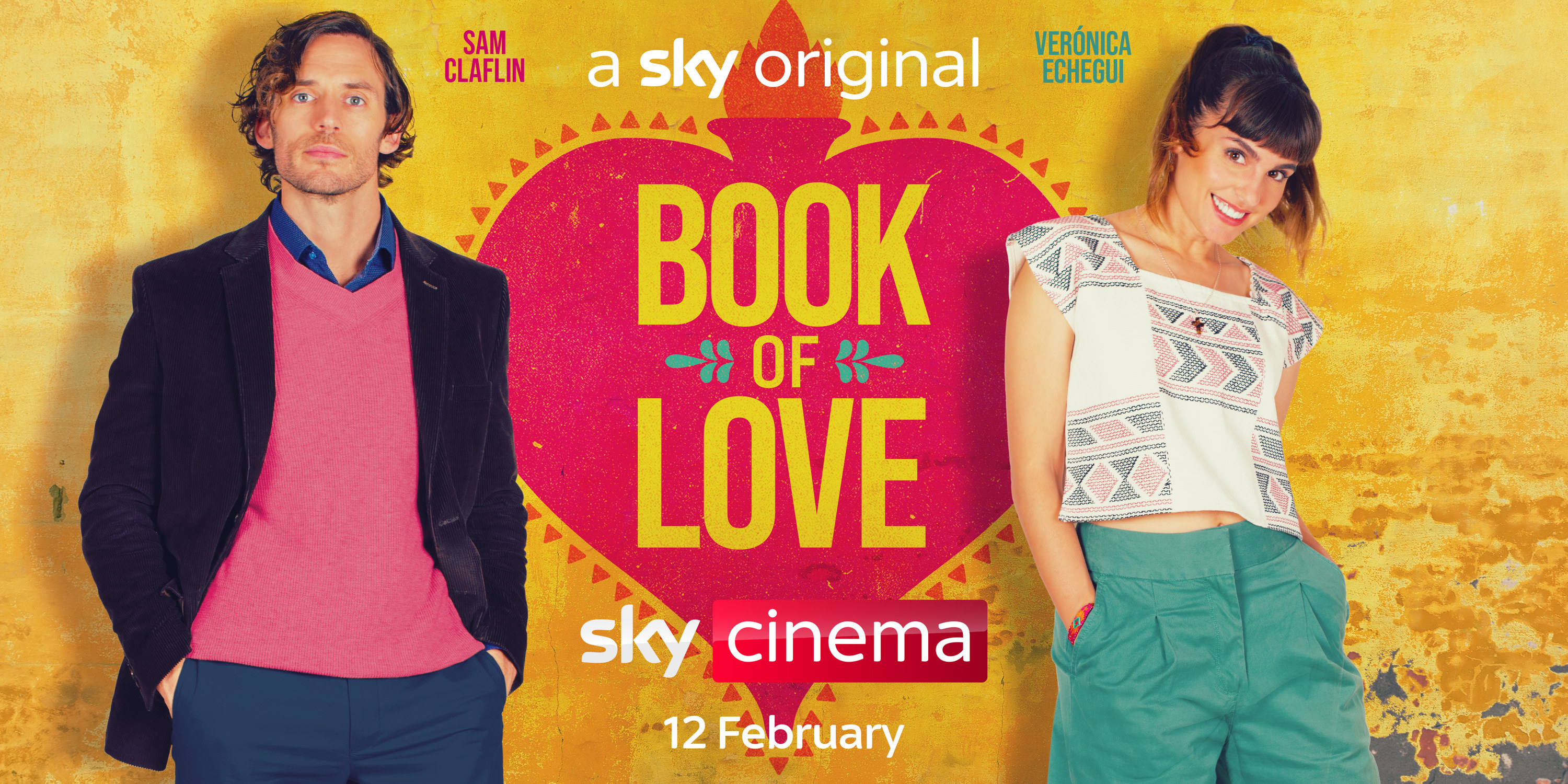 sam claflin and verónica echegui next to each other with book of love sky cinema written in middle