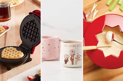 a mini heart waffle maker  a pink and white mug and red fondue pot