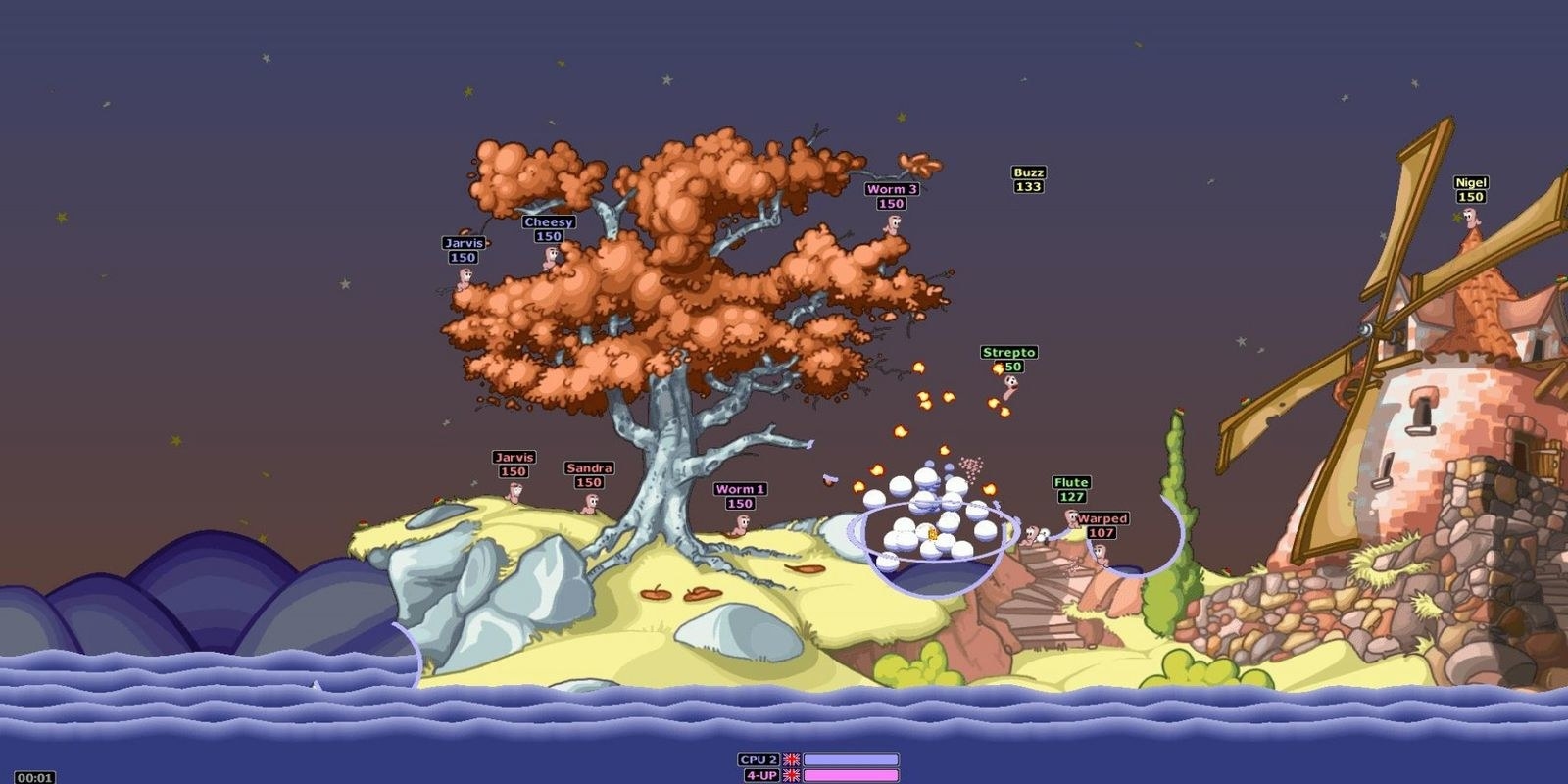 Gameplay of worms battling on a classic 2D map