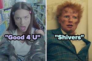 On the left, Olivia Rodrigo in the Good 4 U music video, and on the right, Ed Sheeran in the Shivers music video