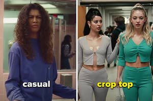 Rue is on the left labeled, "casual" with Maddy and Cassie on the right labeled, "crop top"