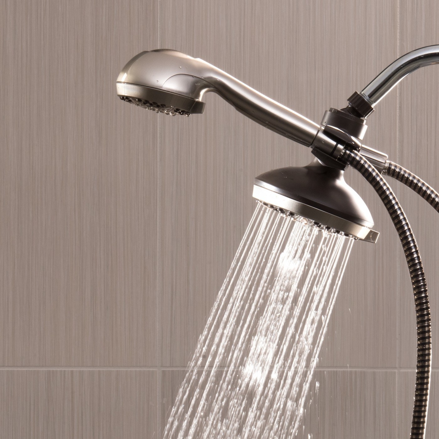 The brushed nickel dual shower head in action