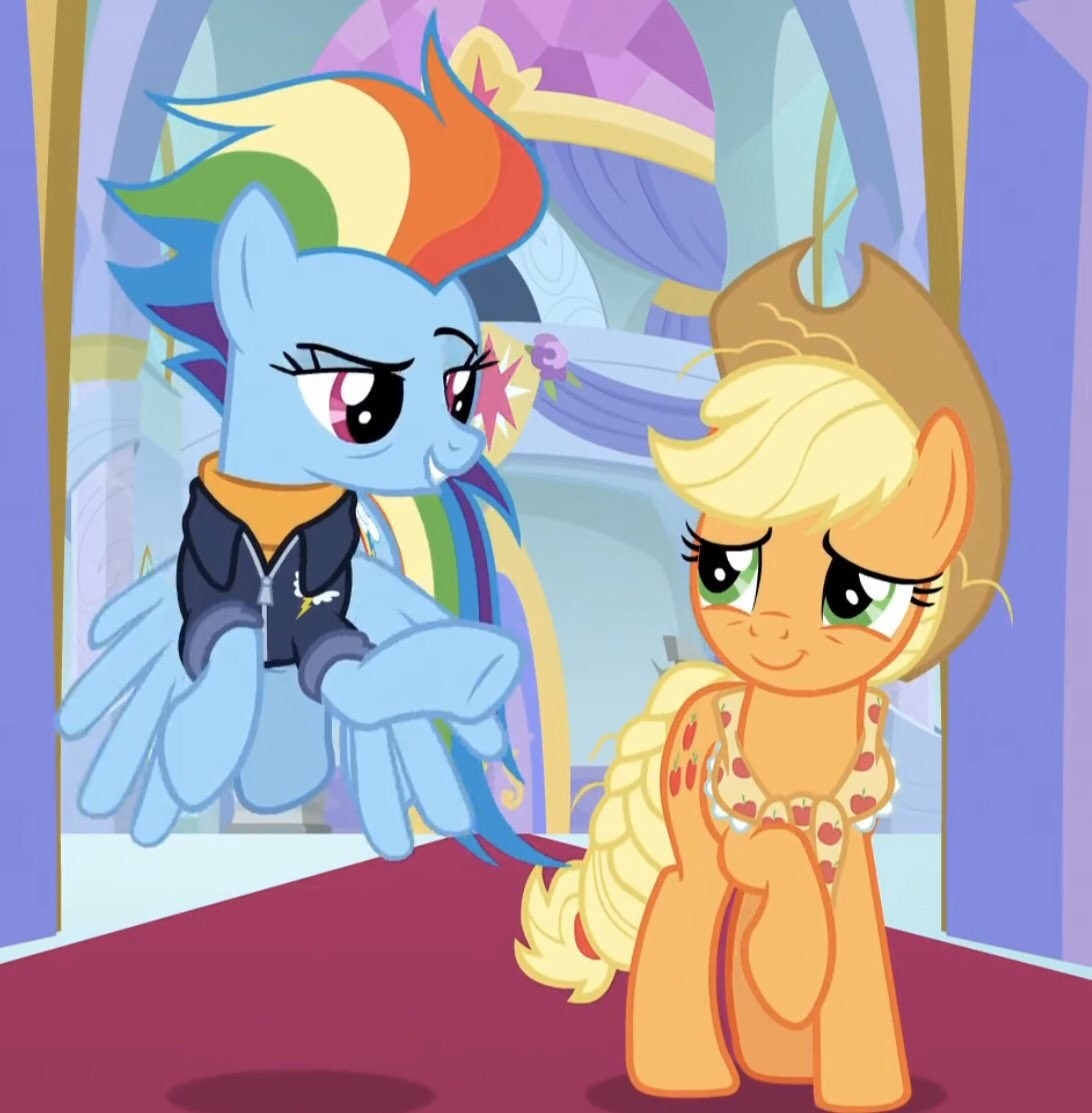Rainbow Dash smiling with an eyebrow raised in mid-flight, looking down at a smiling Apple Jack
