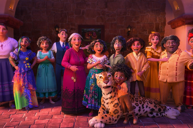 The Madrigral family from Encanto taking a picture inside their new casa