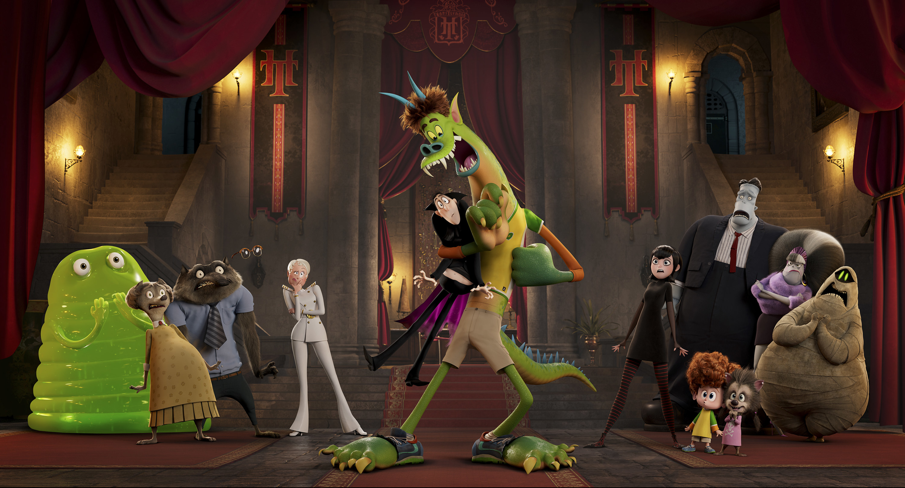 The Monsters of Hotel Transylvania huddle together