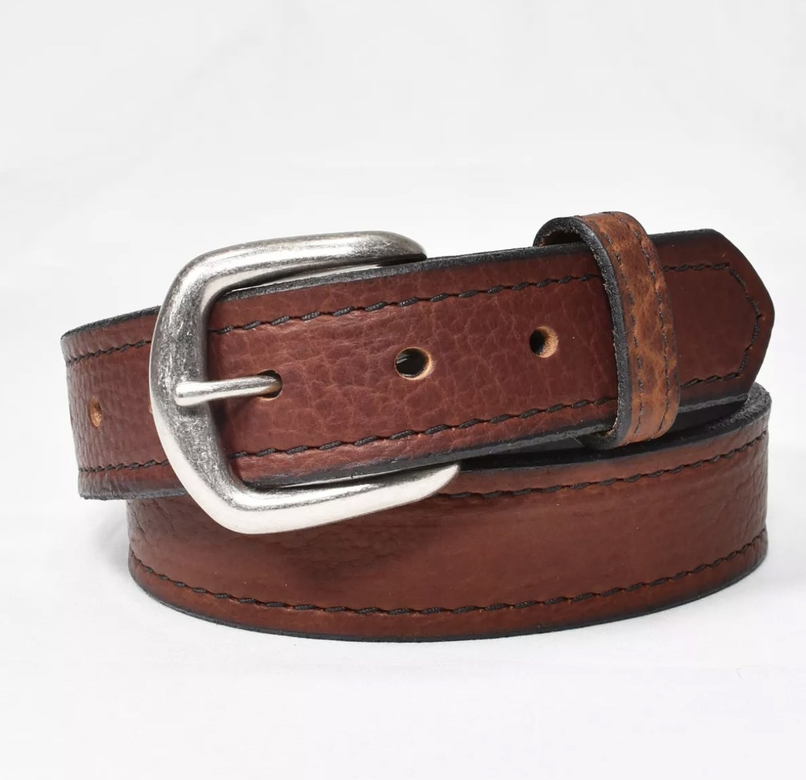The brown leather belt is a rich brown with a satin nickel buckle