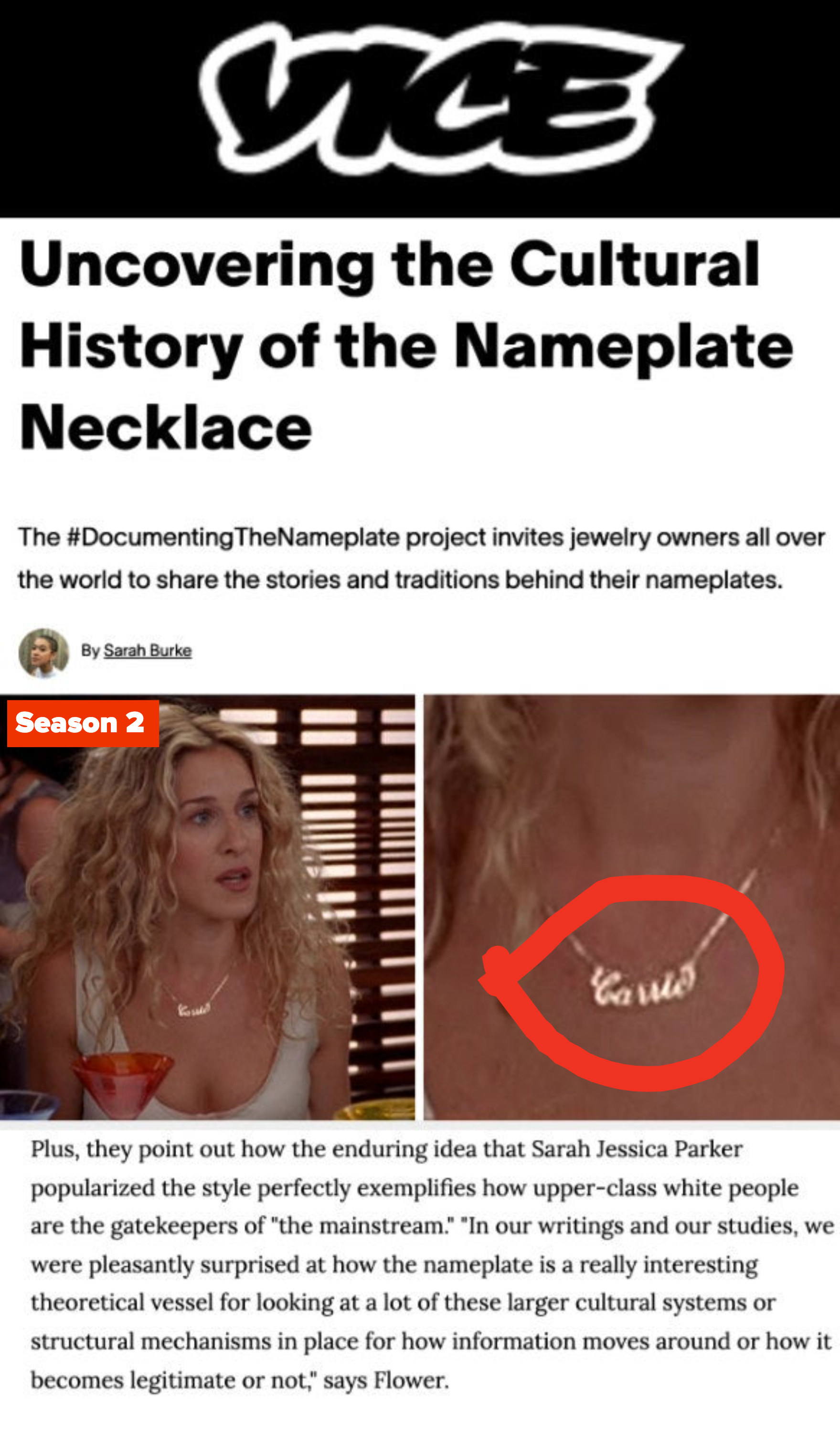 Carrie wearing her classic gold nameplate necklace in &quot;Sex and the City;&quot; a Vice article explaining the real history behind the gold nameplate necklace, and how Carrie&#x27;s character white-washed its history