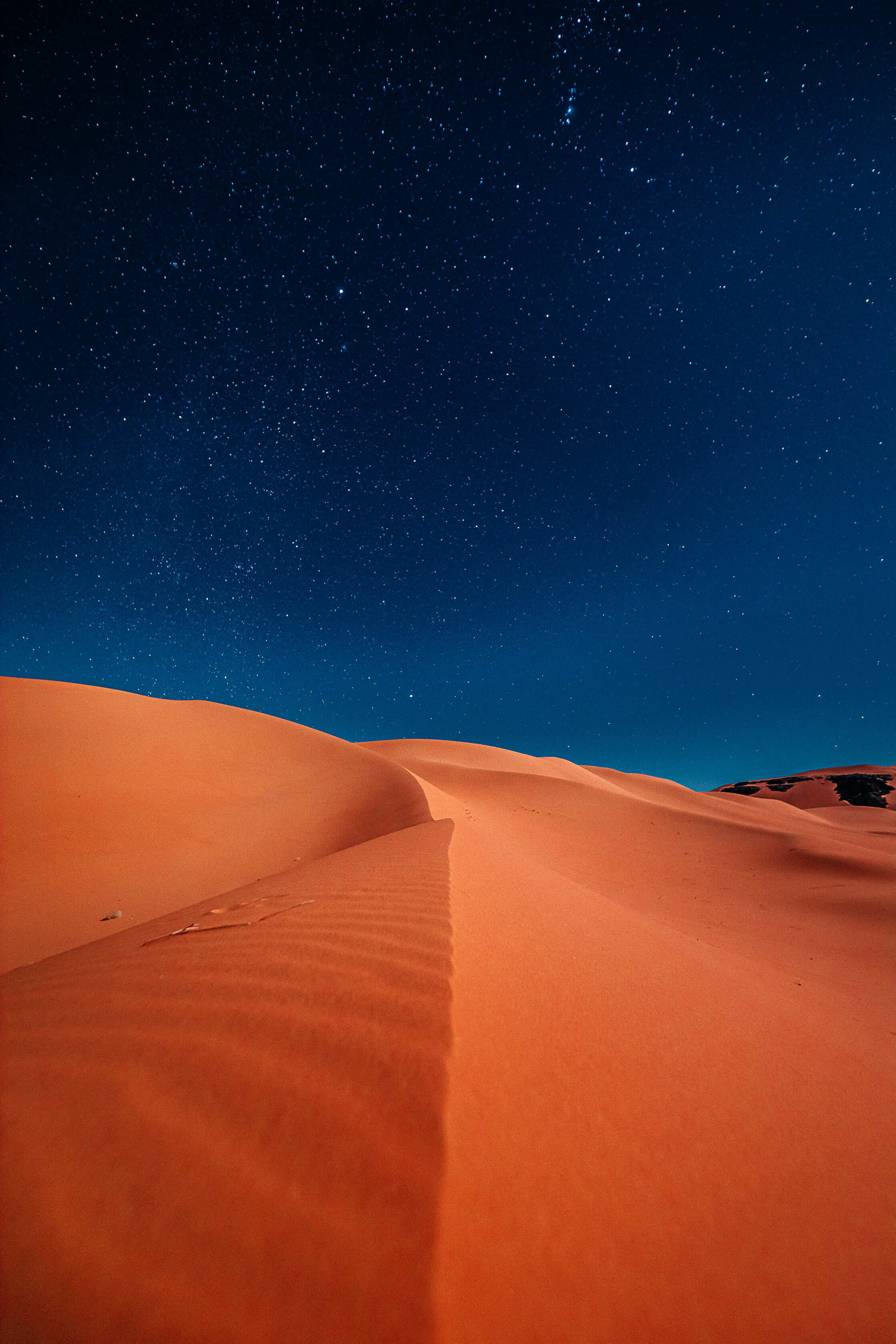 endless stars against a dark blue sky over the reddish looking sands of the Sahara