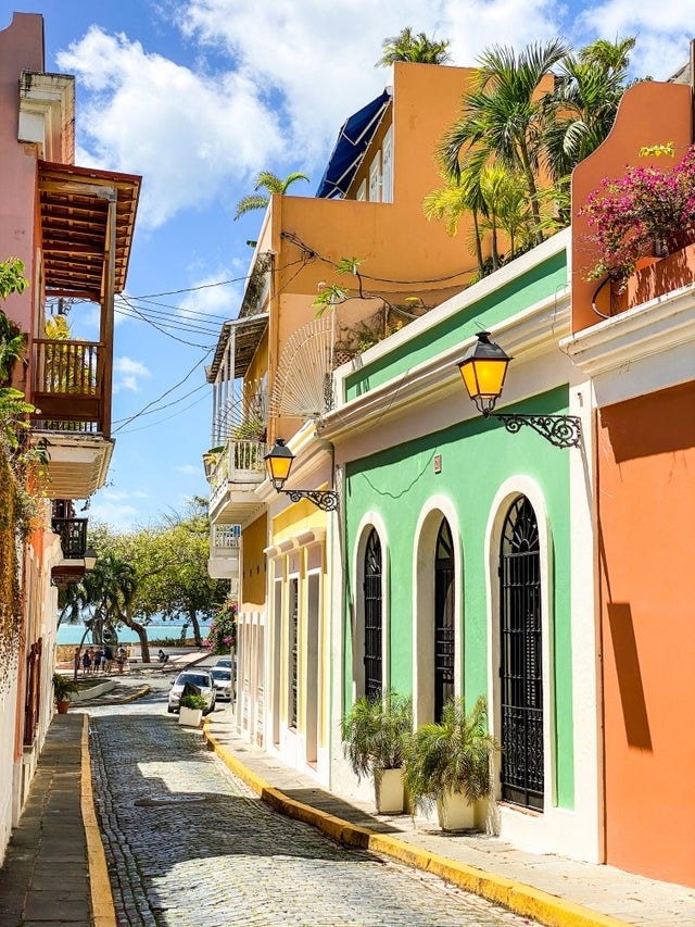 Colorful buildings on a cobbled road in San Juan