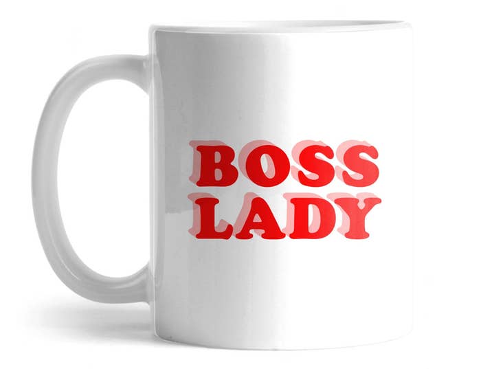 the white mug with &quot;boss lady&quot; written in red and pink