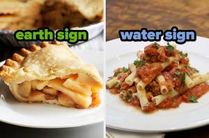 On the left, a slice of apple pie labeled earth sign, and on the right, some ziti with marinara sauce labeled water sign