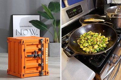 left: orange industrial side table. right: reviewer photo of large cast iron wok