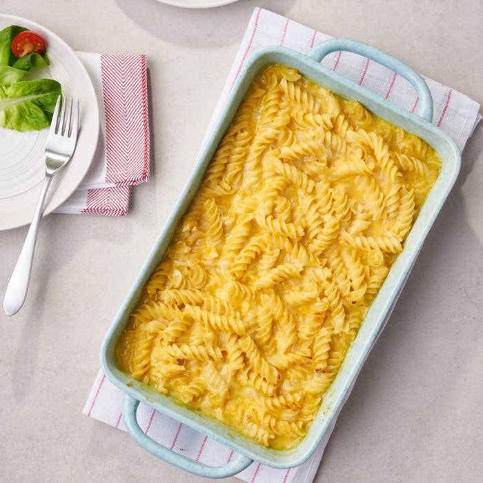 3-cheese pasta bake sitting in serving dish on table