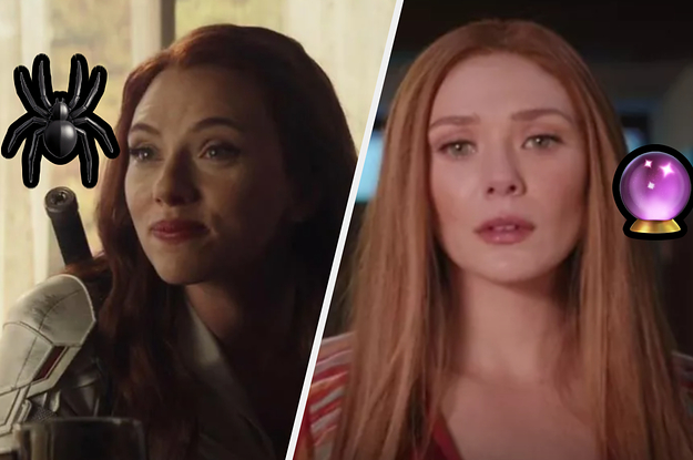 A close up of Natasha Romanoff as she smiles and Wanda Maximoff as she stares into space