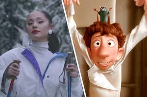 A close up of Ariana Grande as she holds two ski poles and Remy the rat stands on top of Luigi's head