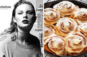 On the left, Taylor Swift's Reputation album, and on the right, some cinnamon rolls in a cast iron skillet