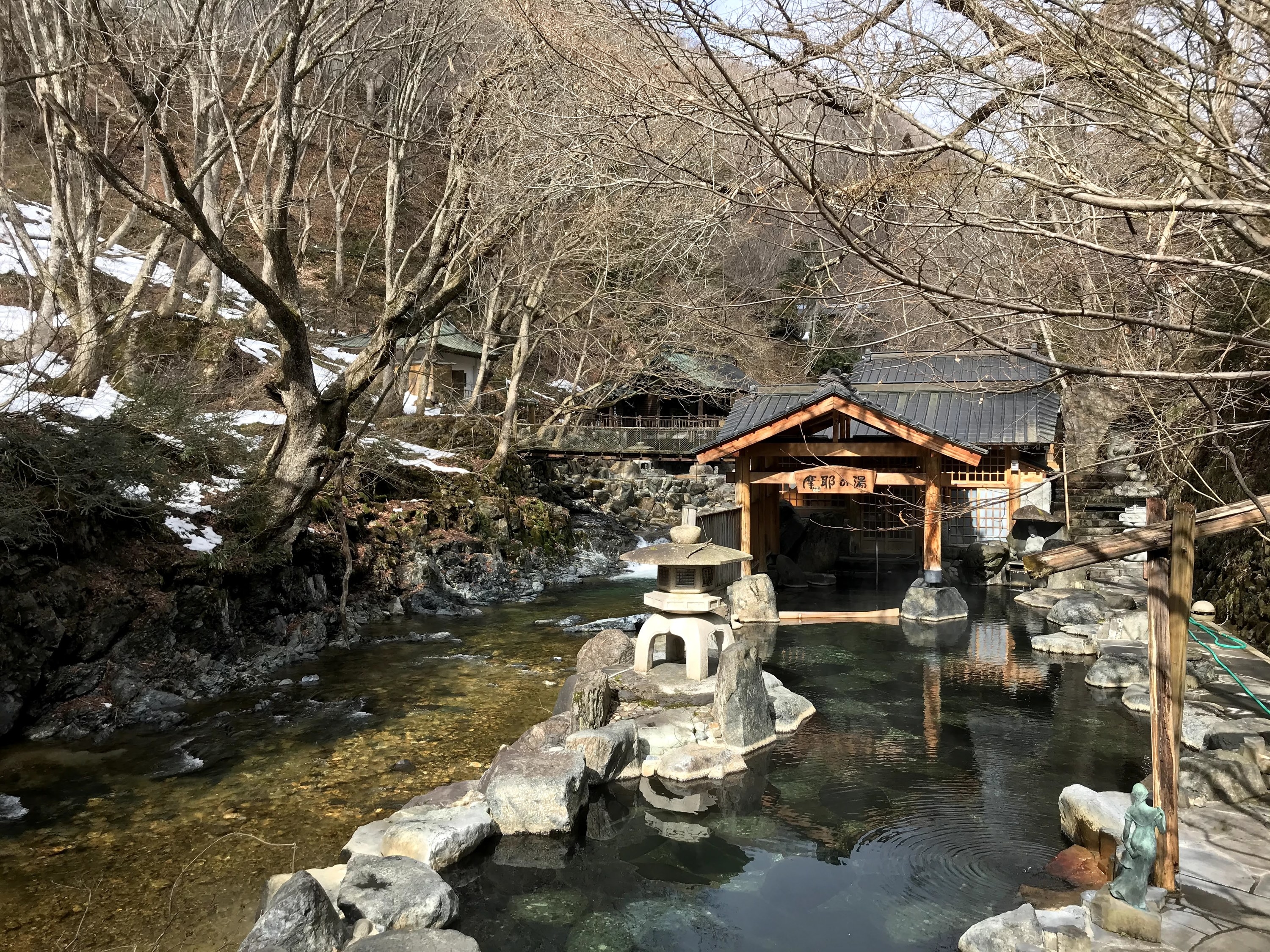 Natural hot springs on the river in Japan