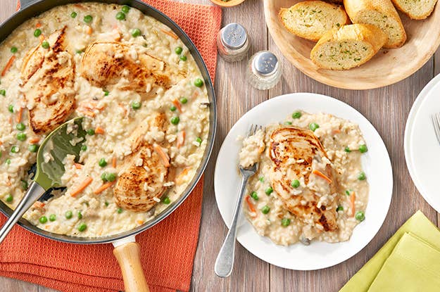 Chicken and garlic risotto on a table
