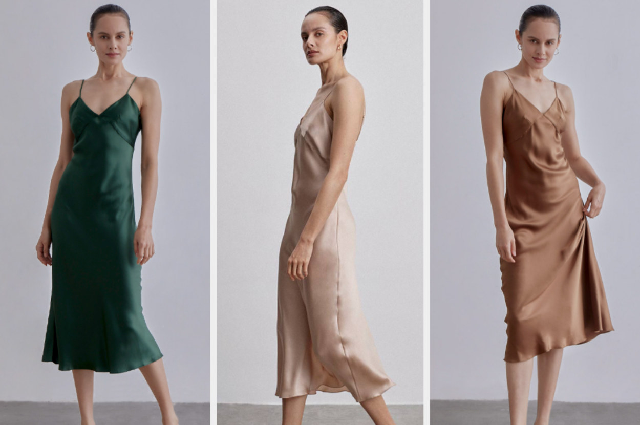 Model wearing three different silk dresses