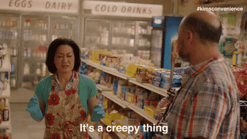 Jean Yoon as Umma shakes her hands and says &quot;It&#x27;s a creepy thing&quot; in &quot;Kim&#x27;s Convenience&quot;