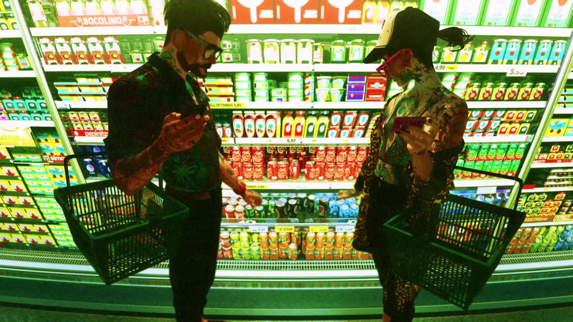 An animated couple stand in front of a grocery store aisle