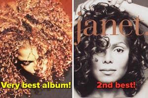 Janet Jackson is on the left labeled, "Very best album" and on the right "2nd best"