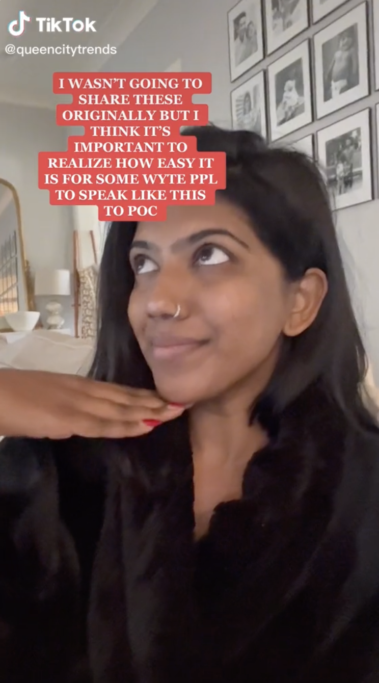 Vidya at the beginning of her TikTok next to some text that reads &quot;