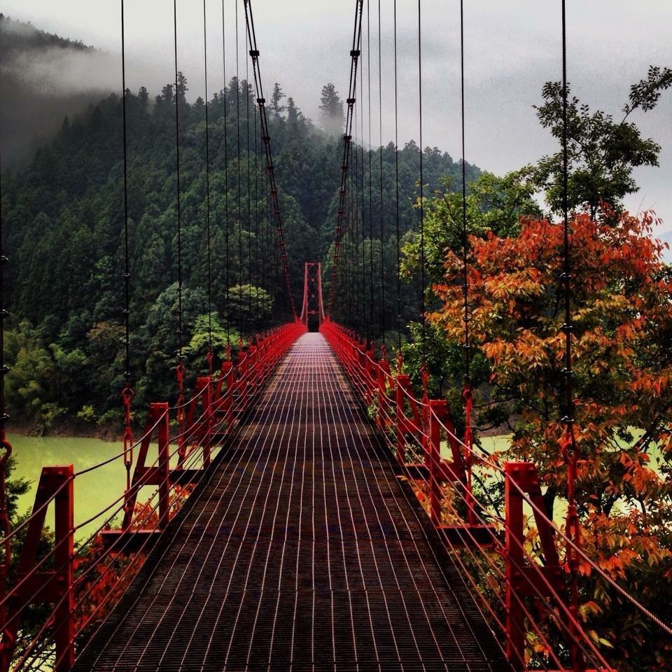 A red suspension bridge over a river, leading into a forest