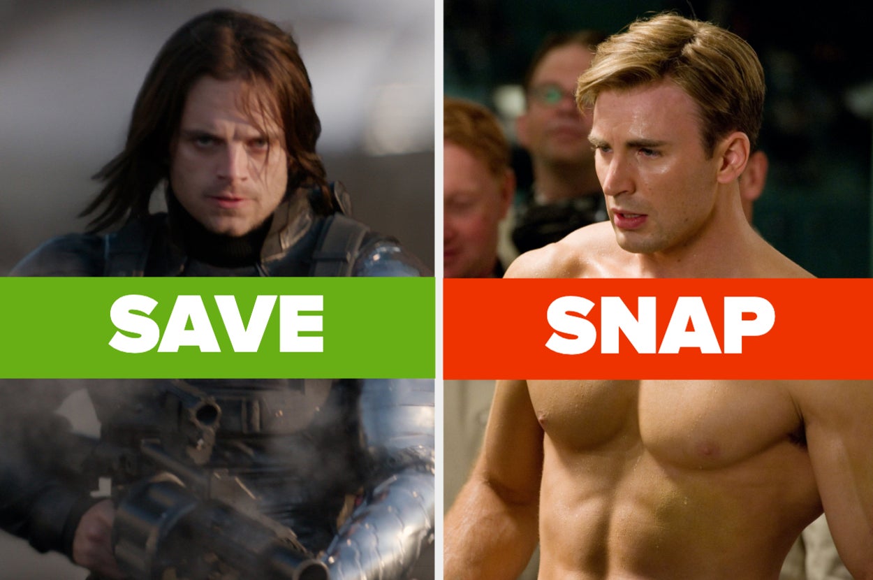 Bucky Barnes with "SAVE" written over him and Captain America with "SNAP" written over him