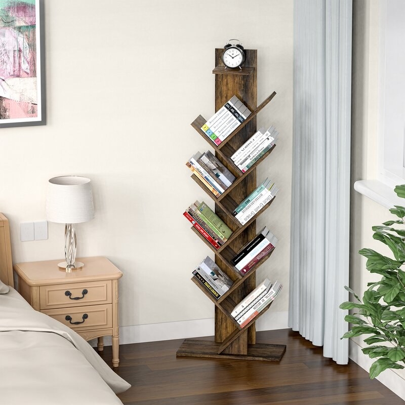 A bookshelf with sideways shelves.