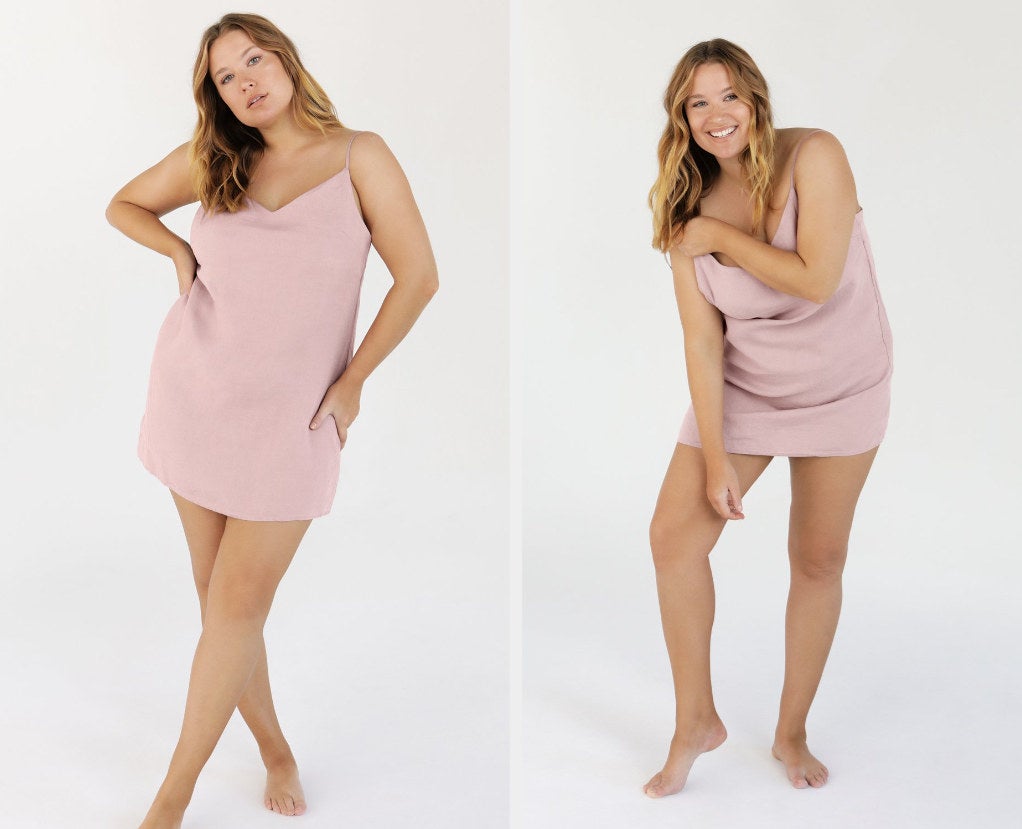 collage, model wearing lavender-colored slip dress, two different poses