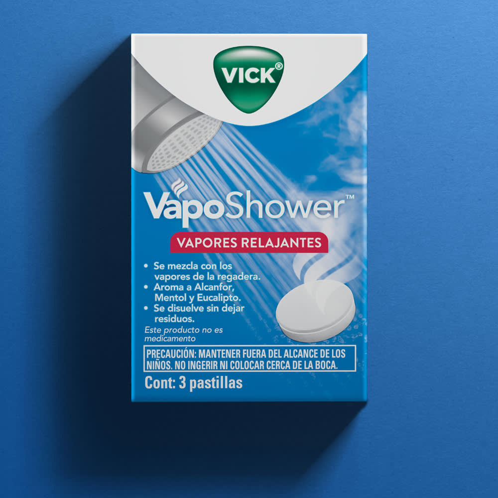 tres pastillas de Vick Vaposhower para la regadera