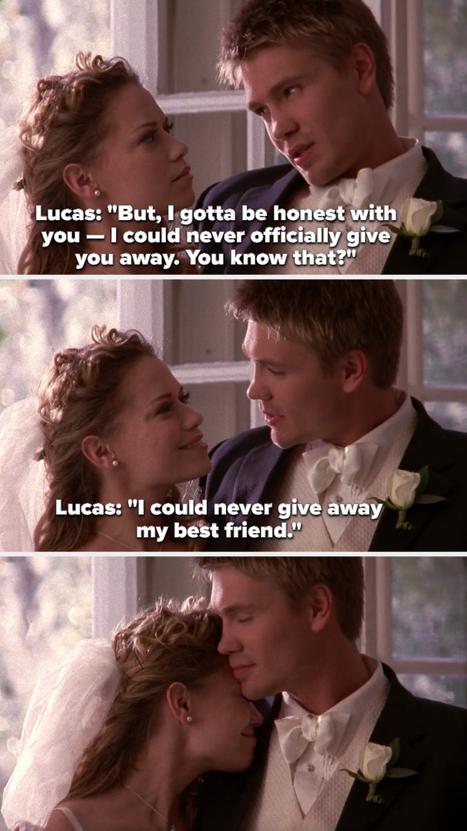 Lucas gives Haley away at her wedding but says he could never really give away his best friend