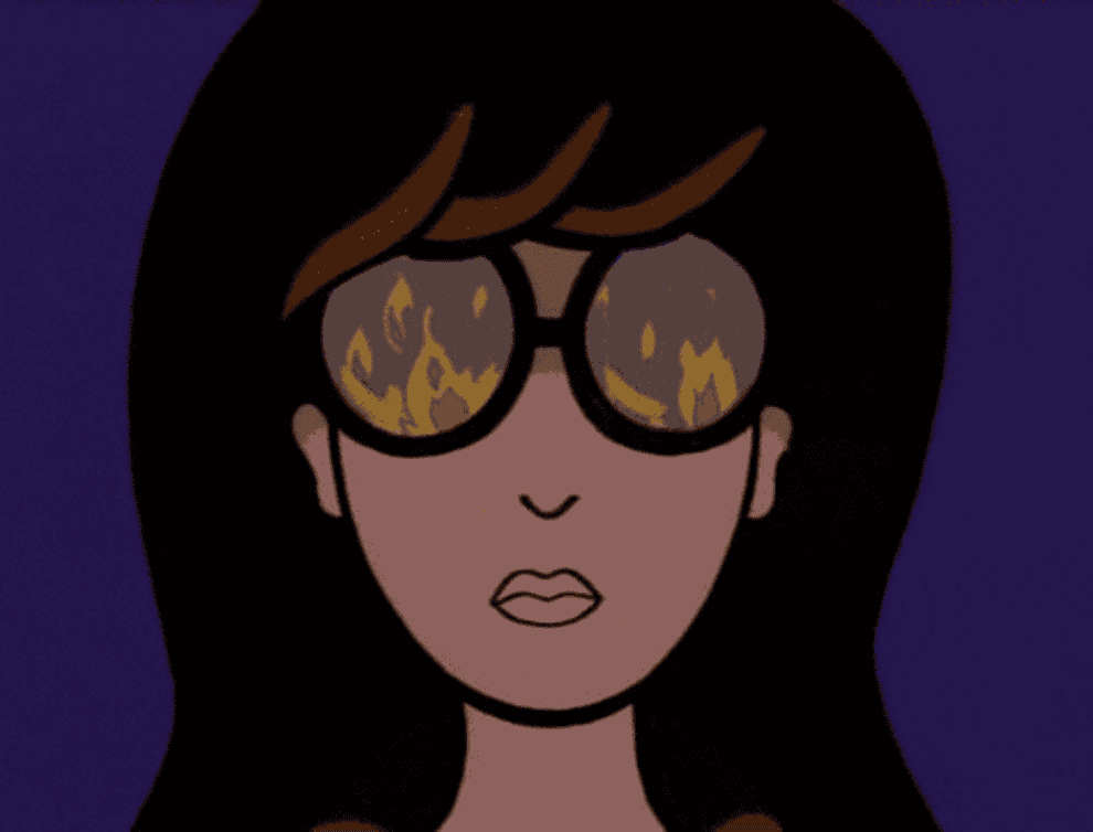 GIF of Daria with flames reflected in her glasses