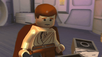Lego Obi-wan Kenobi looking at the camera and shrugging