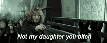 Molly Weasley pointing her wand at Bellatrix, saying &quot;not my daughter you bitch&quot;