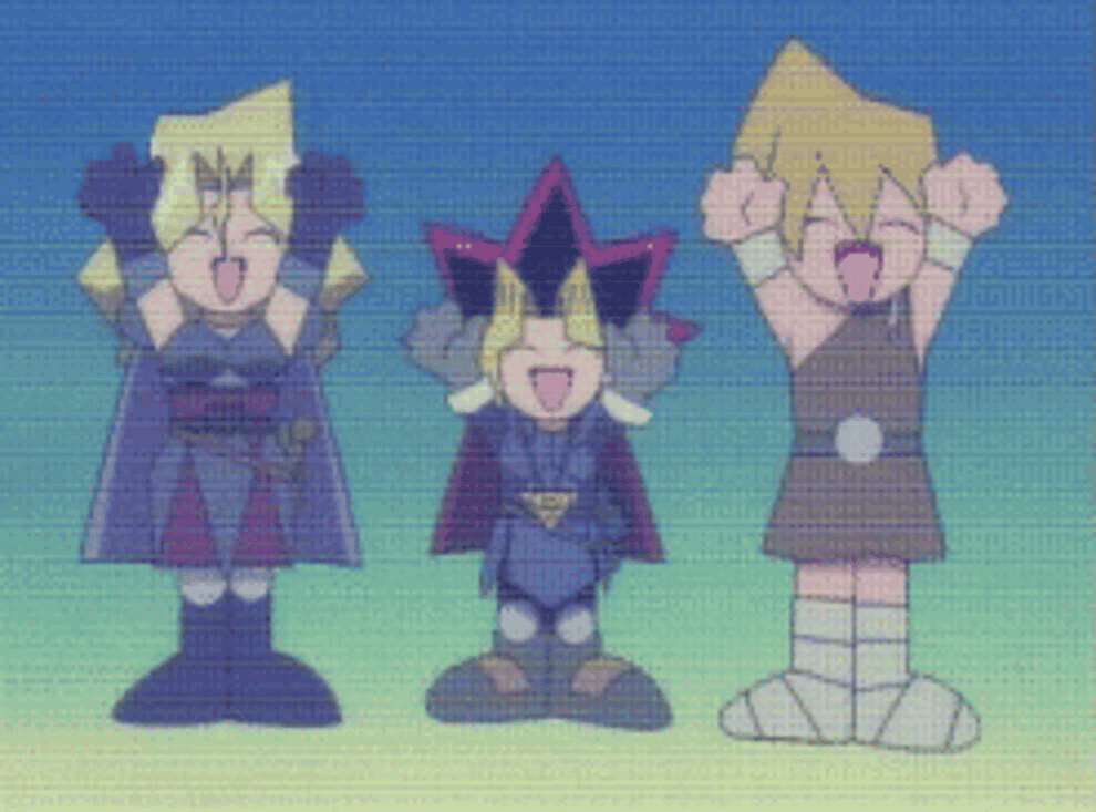 mai, yugi, and joey from yu-gi-oh cheering