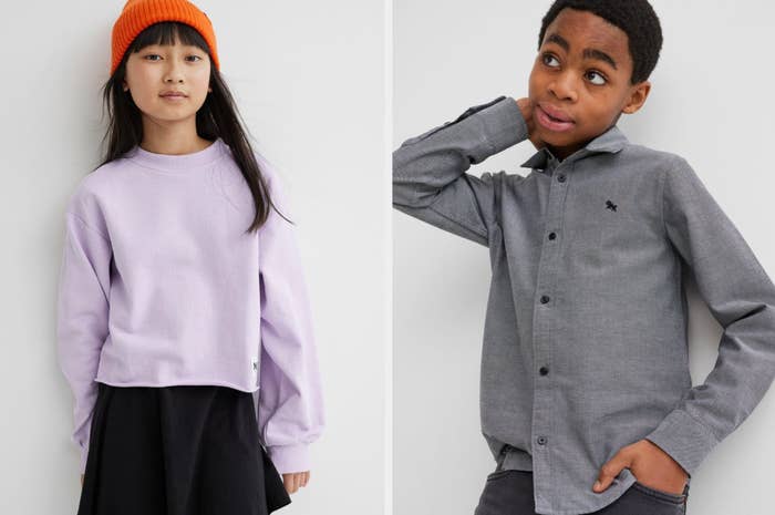 Model wearing orange beanie with light purple pullover and black skirt, model wearing gray button-up shirt with black jeans