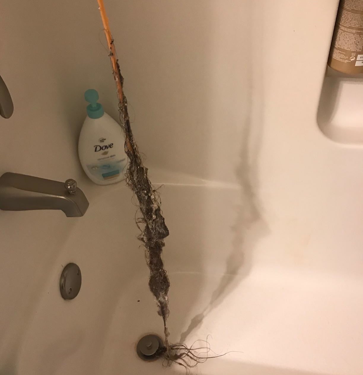 a reviewer holding the tool over a tub drain with a long glob of hair attached