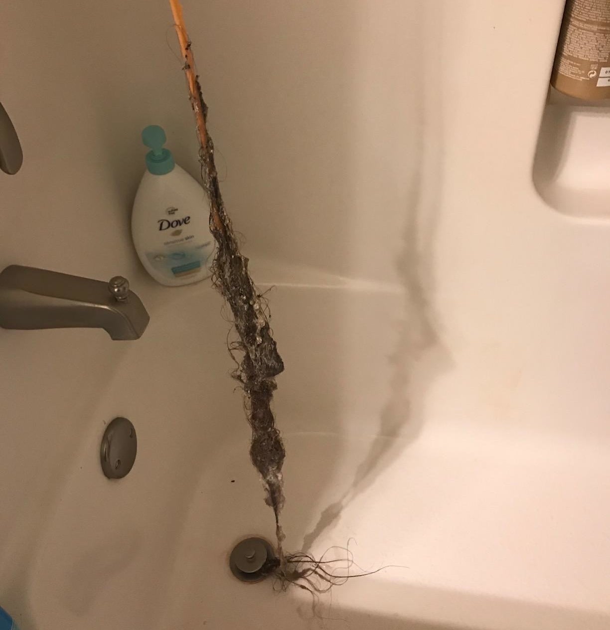 a reviewer holding the tool over a tub drain with a long glob of hair attached