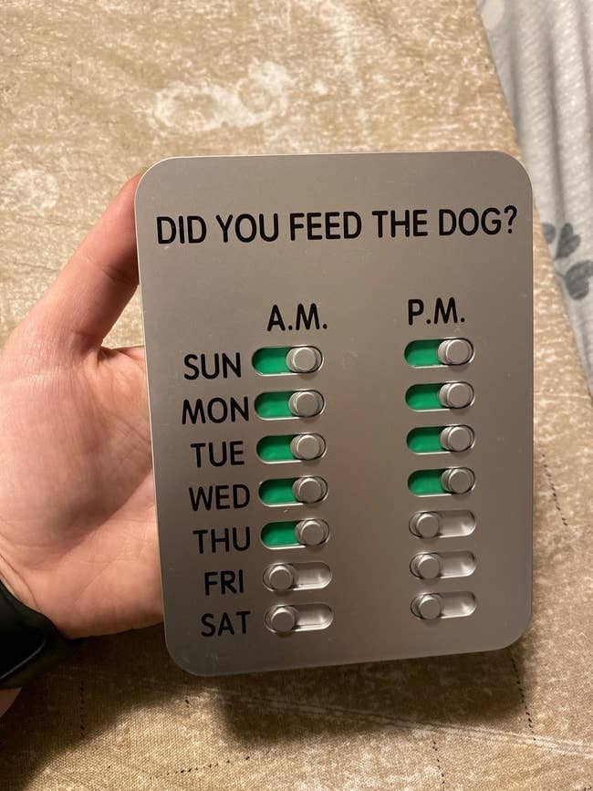reviewer holding the dog feeding tracker